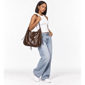 Zaba Brown Glossy Faux Leather Hobo Shoulder Bag Slouchy Tie Tote Purse